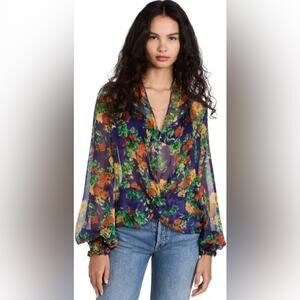 Caroline Constas Bette Silk Blouse in Navy summer floral Size XS EUC